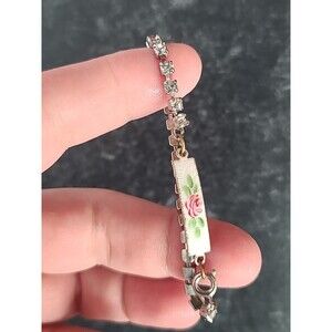 Guilloche Enamel Painted Pink Rose Clear Rhinestone Silver Tone Metal Bracelet